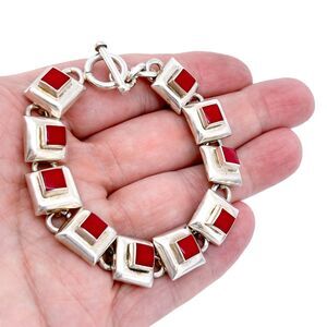 Vintage Mexico Sterling Silver 925 Red Enamel Bracelet 7.5"